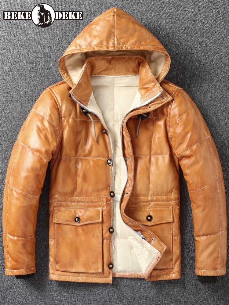 Leather Work Jacket With Hood - Winter Mens Sheepskin Genuine Leather Down