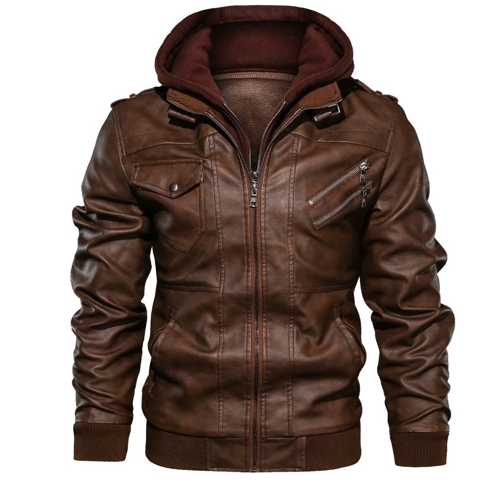 Leather Work Jacket With Hood - Men Hooded Coats Pu Jackets Zipper