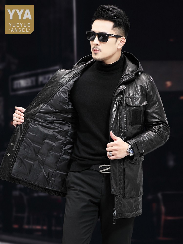 Men Winter Warm Mid Long Oil W - огляд і ціна Leather Work Jacket With Hood