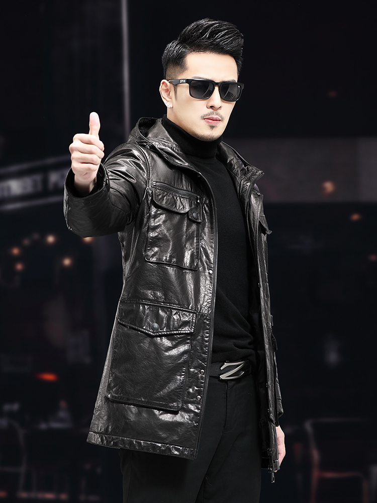 Men Winter Warm Mid Long Oil W - огляд і ціна Leather Work Jacket With Hood