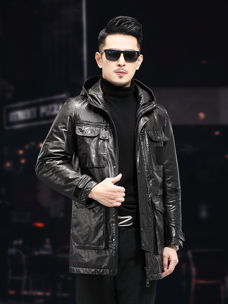 Men Winter Warm Mid Long Oil W - огляд і ціна Leather Work Jacket With Hood