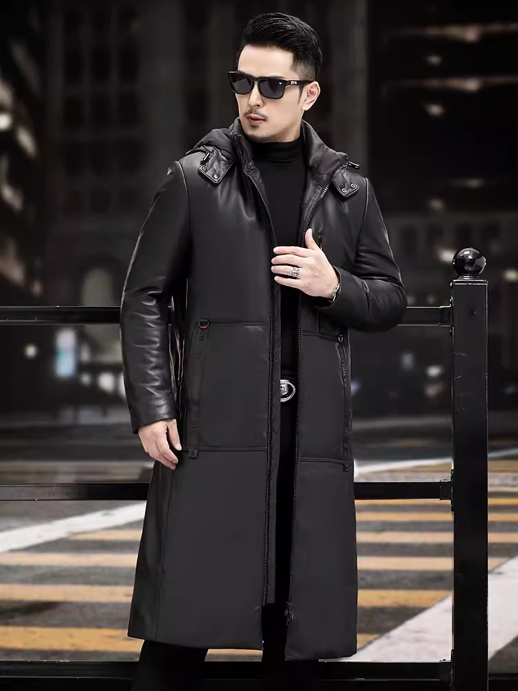 Winter Thick Warm Long Goose D - огляд і ціна Leather Work Jacket With Hood