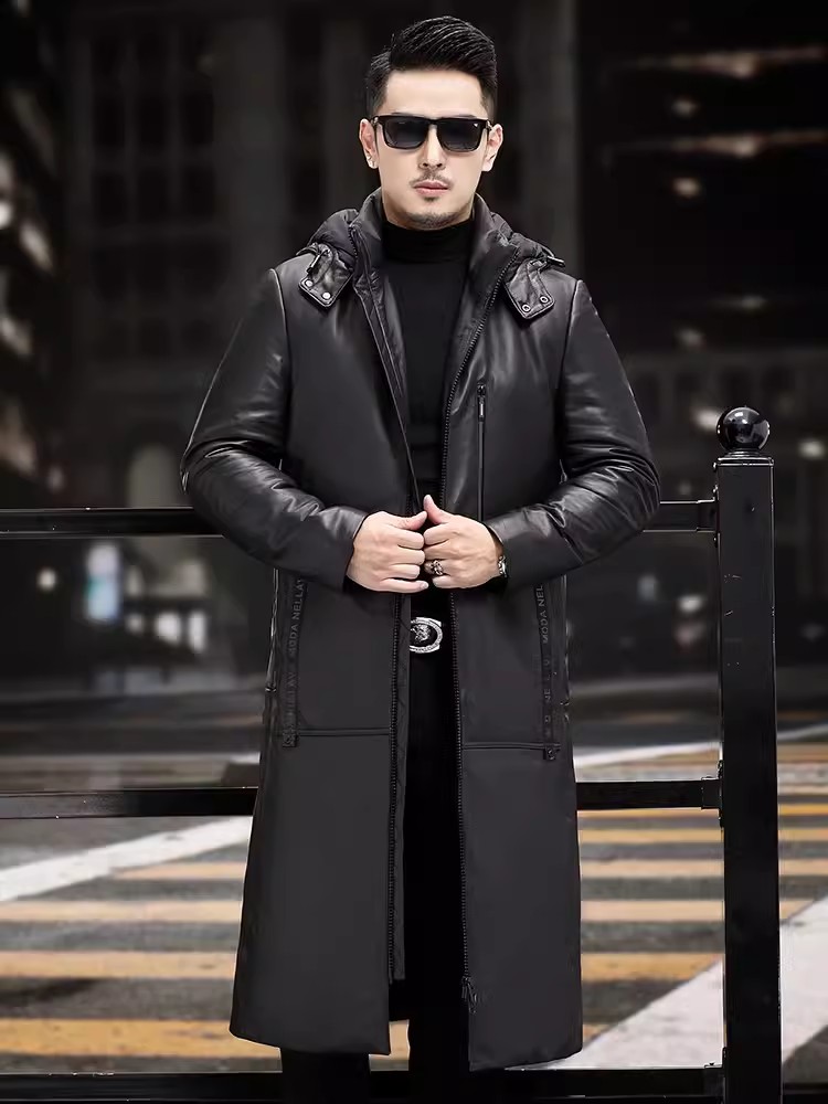 Winter Thick Warm Long Goose D - огляд і ціна Leather Work Jacket With Hood