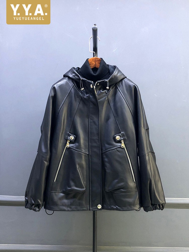 Hot Sale Autumn Women Natural  - огляд і ціна Leather Work Jacket With Hood