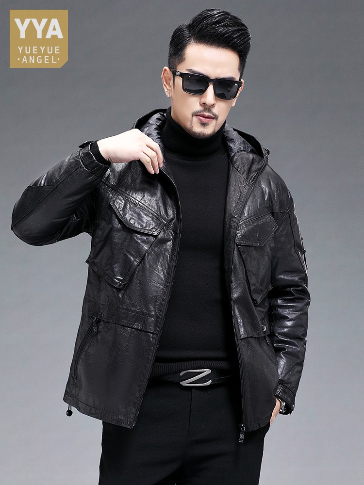 Winter Men Warm Real Goatskin  - огляд і ціна Leather Work Jacket With Hood
