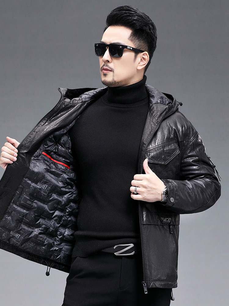 Winter Men Warm Real Goatskin  - огляд і ціна Leather Work Jacket With Hood