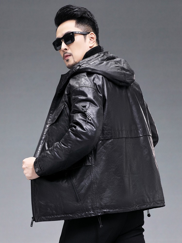 Winter Men Warm Real Goatskin  - огляд і ціна Leather Work Jacket With Hood