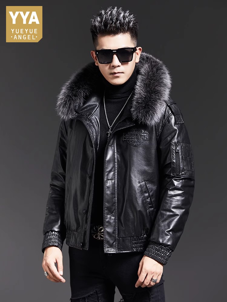 Fashion Mens Winter Fox Fur Co - огляд і ціна Leather Work Jacket With Hood