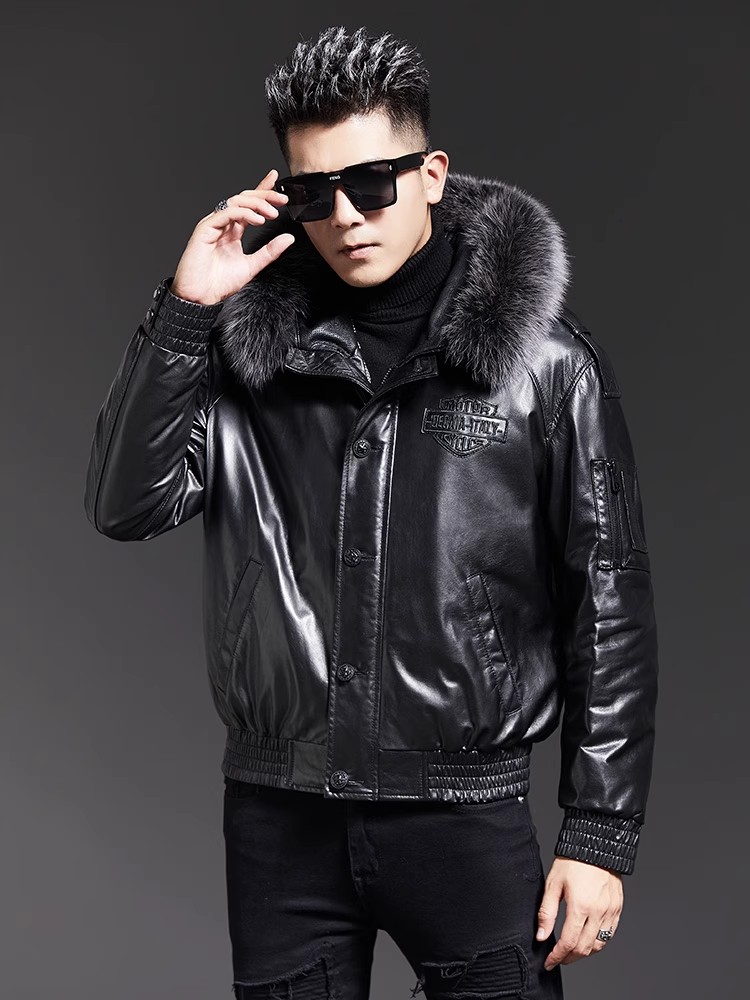 Fashion Mens Winter Fox Fur Co - огляд і ціна Leather Work Jacket With Hood