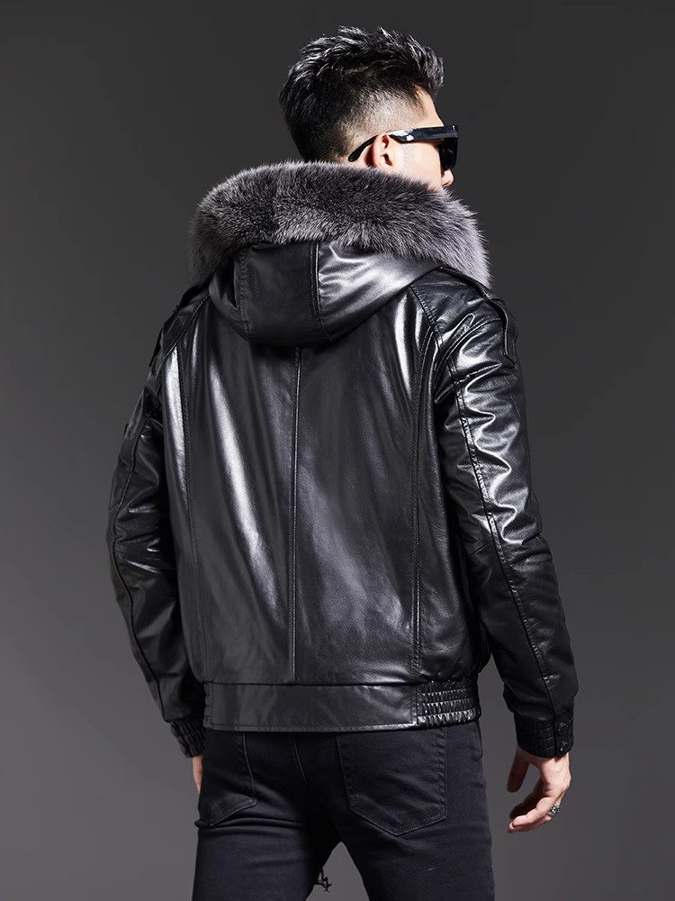 Fashion Mens Winter Fox Fur Co - огляд і ціна Leather Work Jacket With Hood