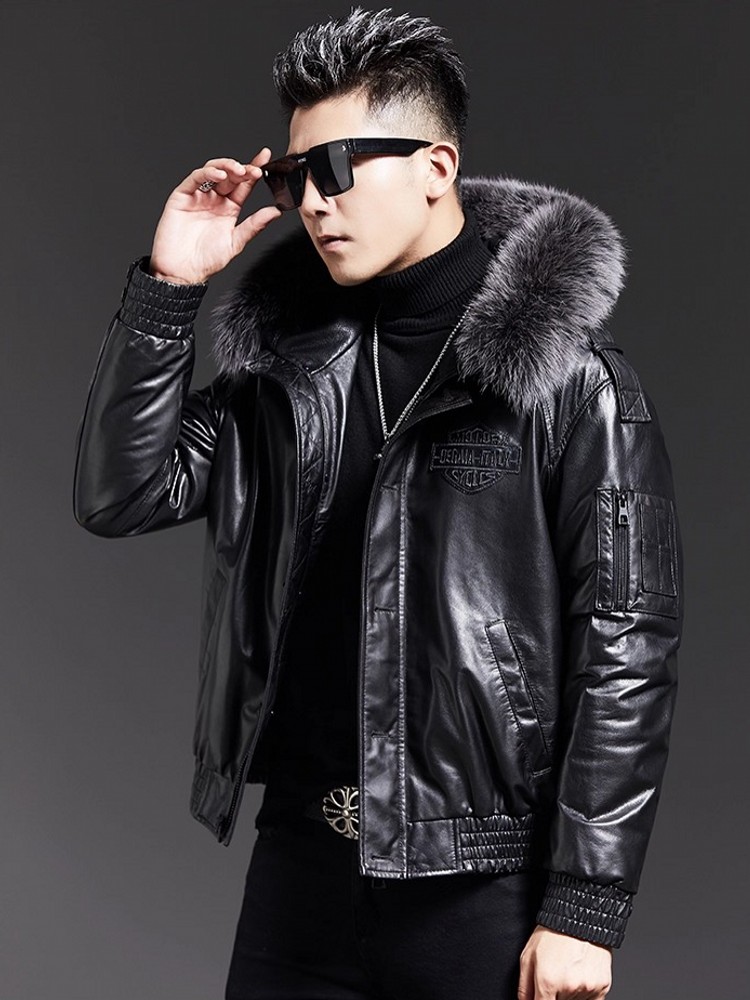 Fashion Mens Winter Fox Fur Co - огляд і ціна Leather Work Jacket With Hood